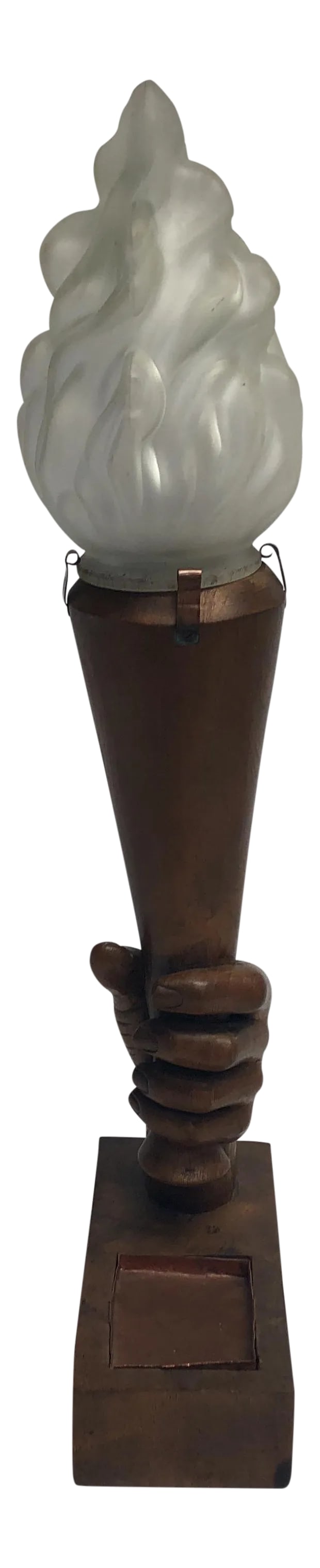 1920s Art Deco Carved Hand Wooden Torch Lamp: English circa 1920 Art Deco carved hand torch lamp with replaced glass flame shade and copper trinket tray. Newly rewired. Great statement piece! Condition: Alterations: Restored Imperfections: Some I