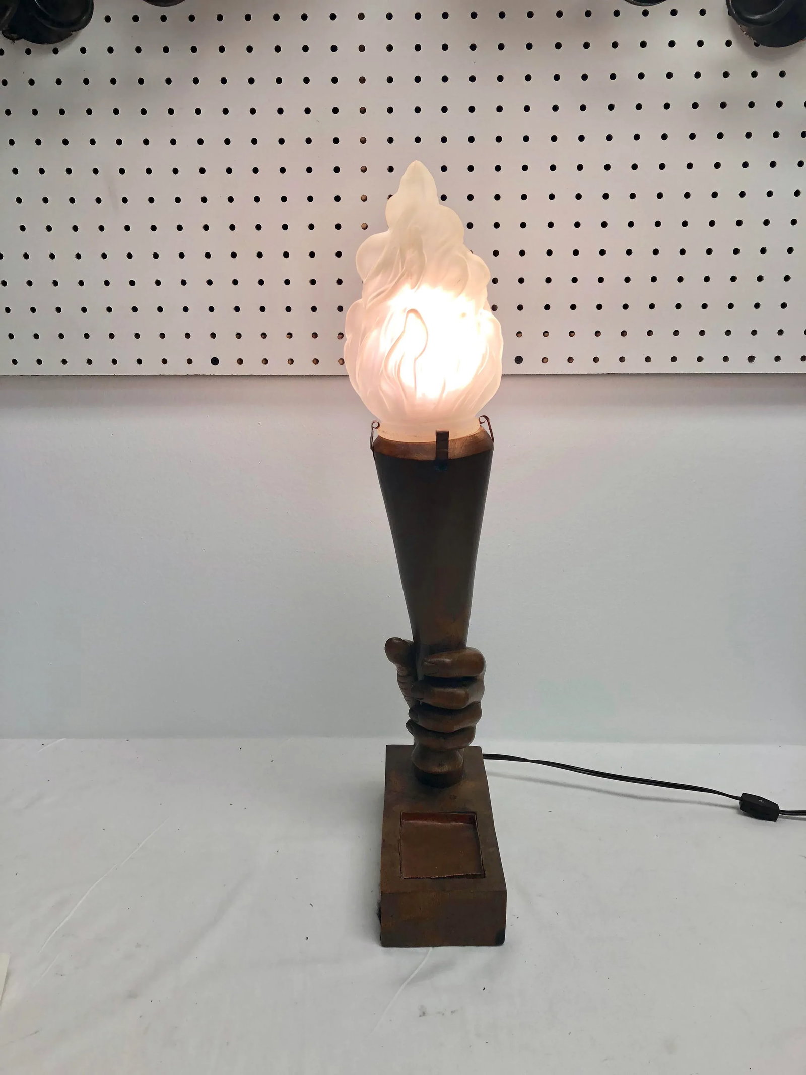 1920s Art Deco Carved Hand Wooden Torch Lamp - 2