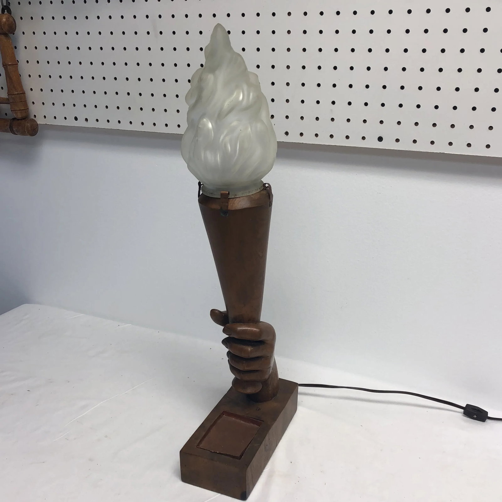 1920s Art Deco Carved Hand Wooden Torch Lamp - 3