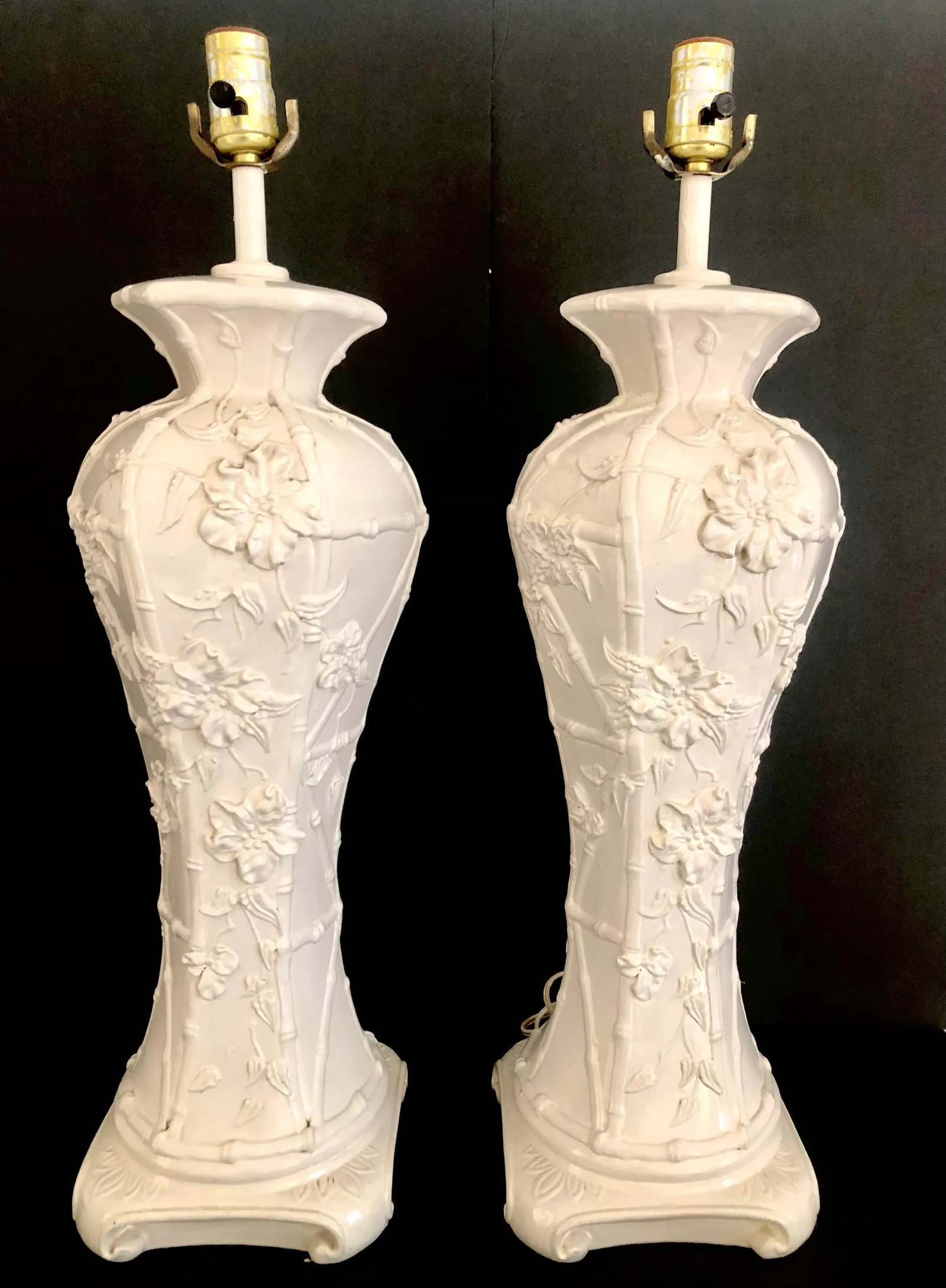 Pair of Chinoiserie Glazed Porcelain Lamps With Faux Bamboo and Floral Relief Accents - 12
