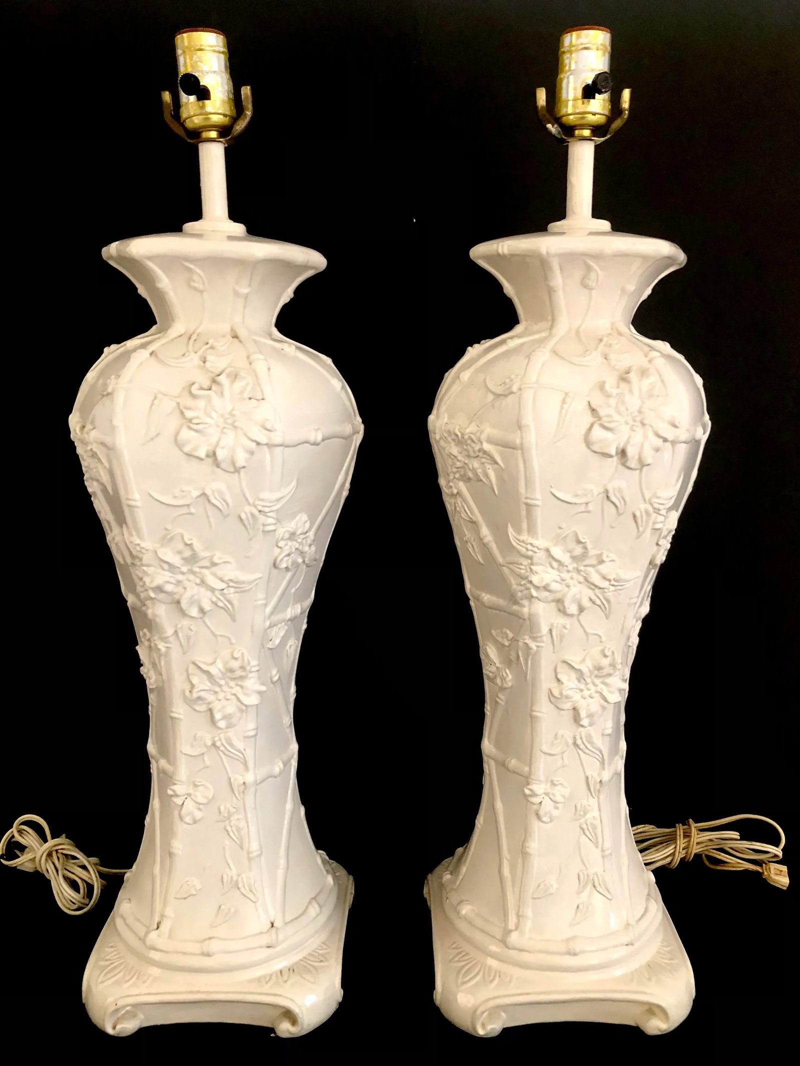 Pair of Chinoiserie Glazed Porcelain Lamps With Faux Bamboo and Floral Relief Accents - 2