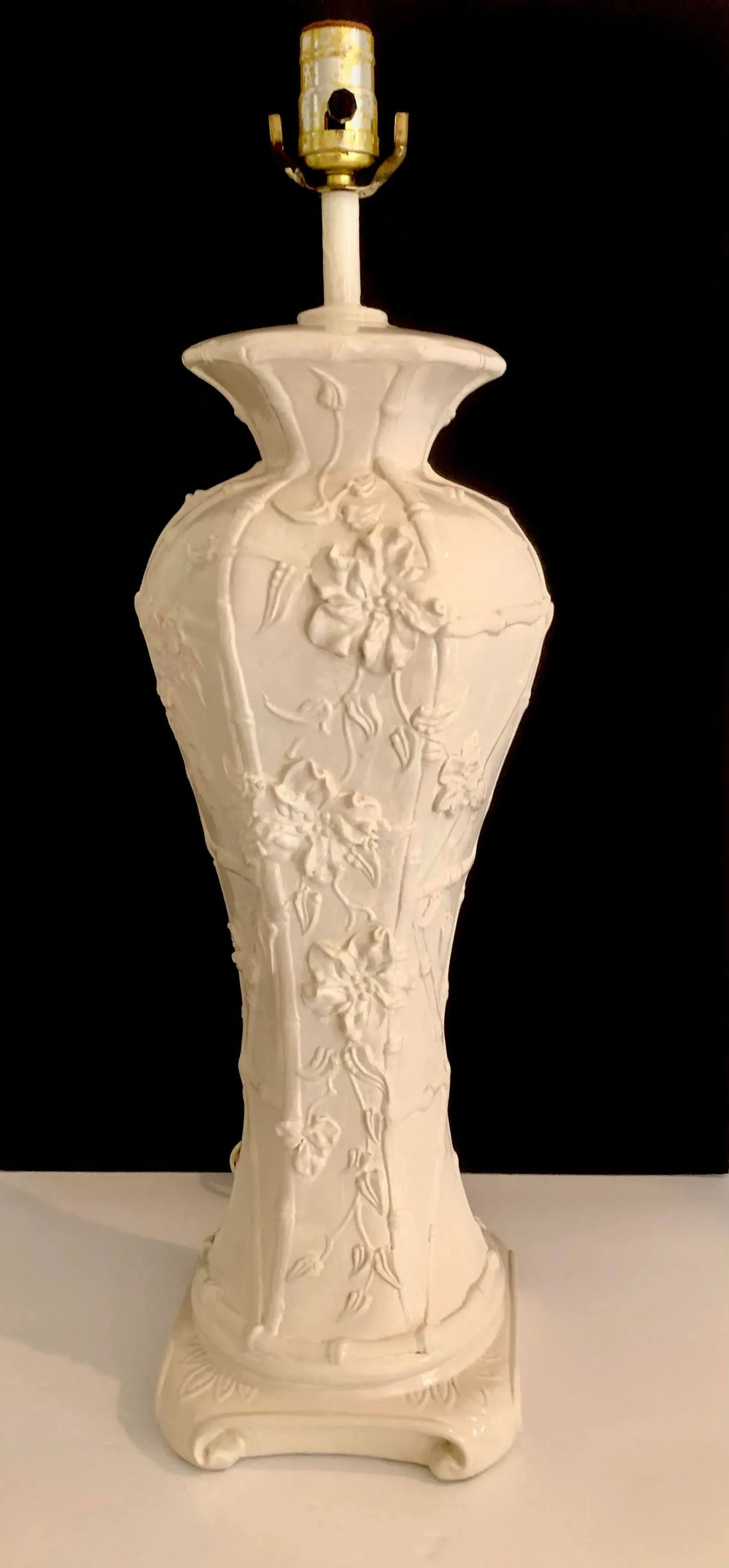 Pair of Chinoiserie Glazed Porcelain Lamps With Faux Bamboo and Floral Relief Accents - 4