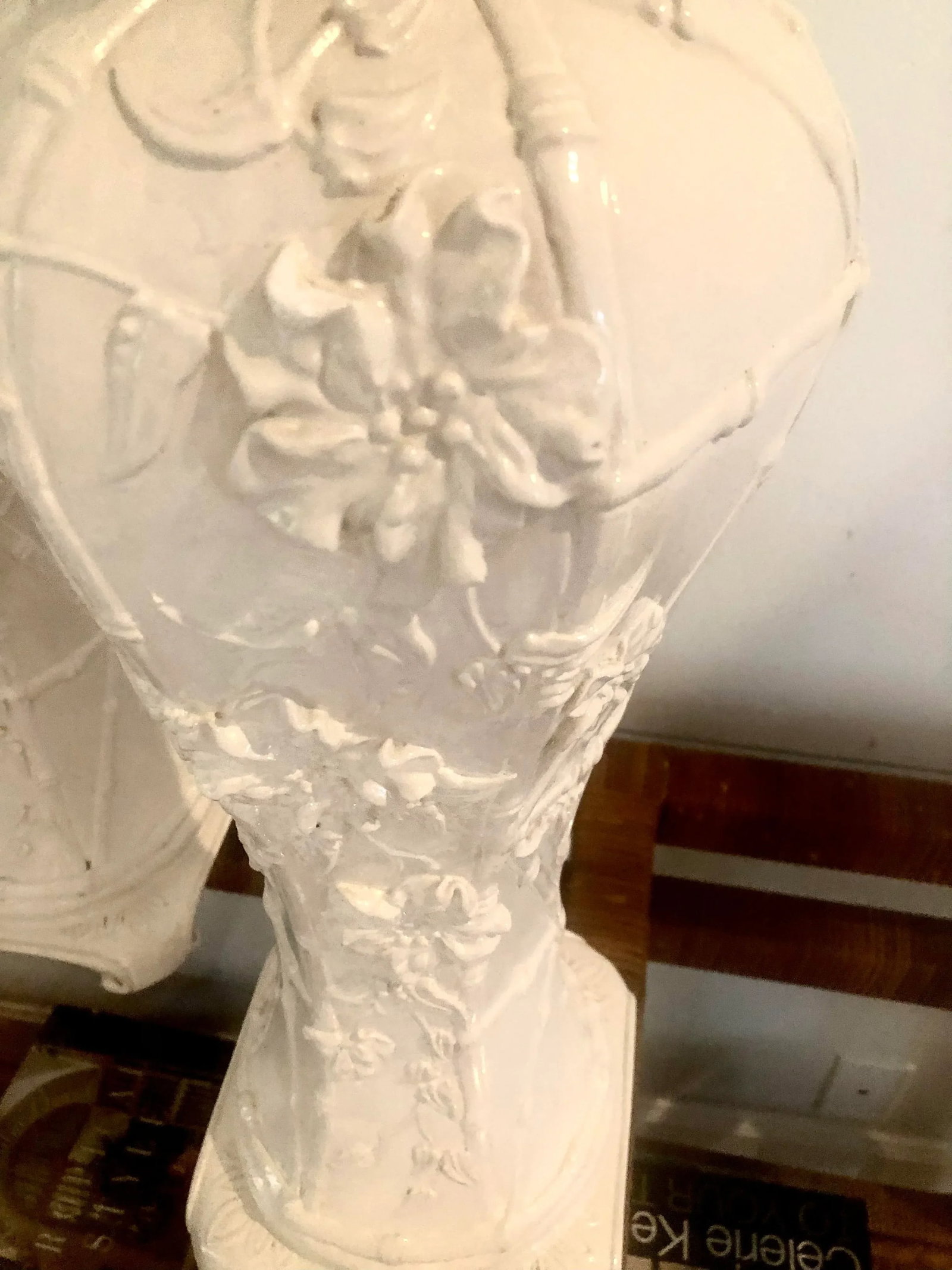 Pair of Chinoiserie Glazed Porcelain Lamps With Faux Bamboo and Floral Relief Accents - 5