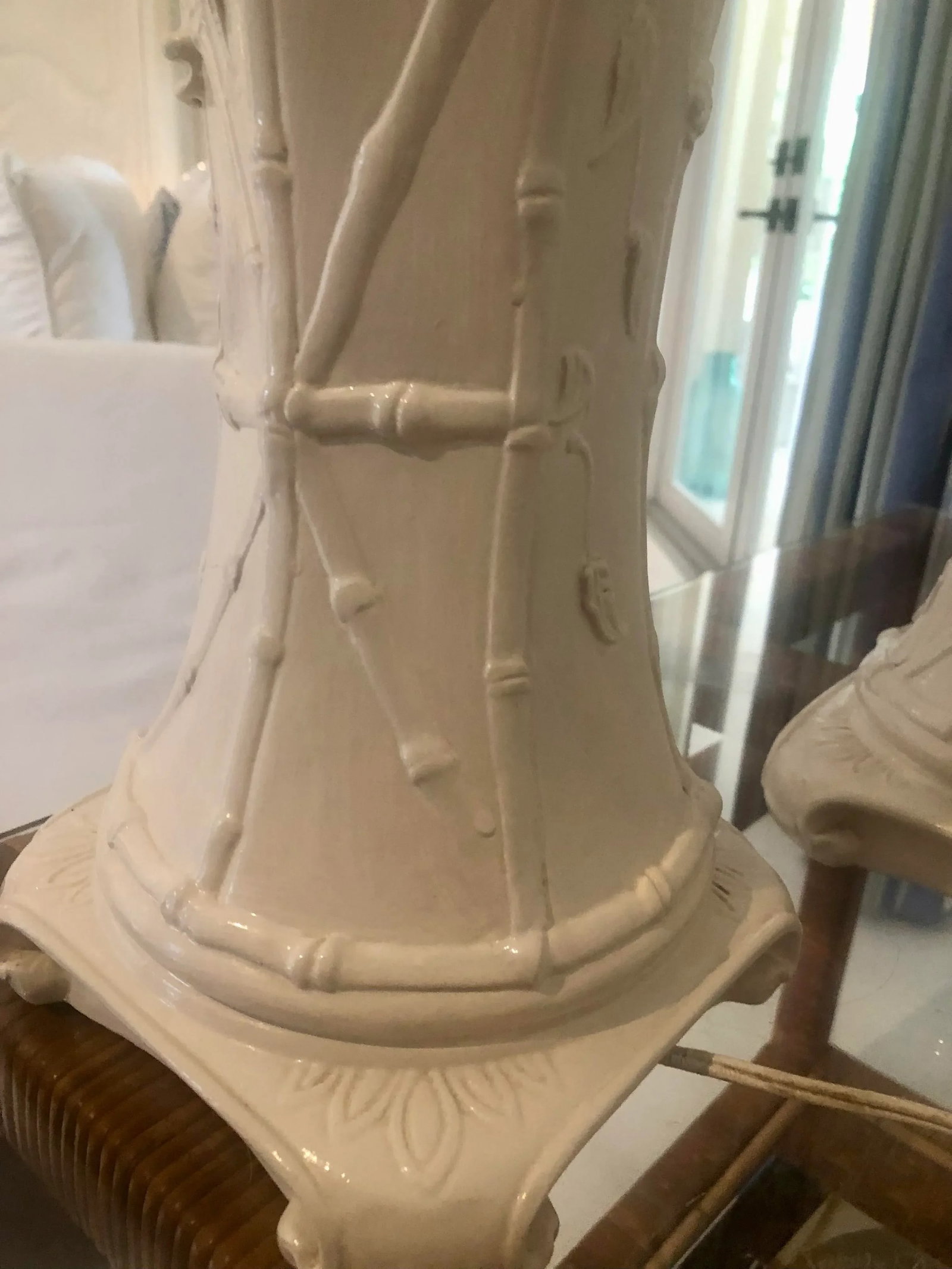 Pair of Chinoiserie Glazed Porcelain Lamps With Faux Bamboo and Floral Relief Accents - 7