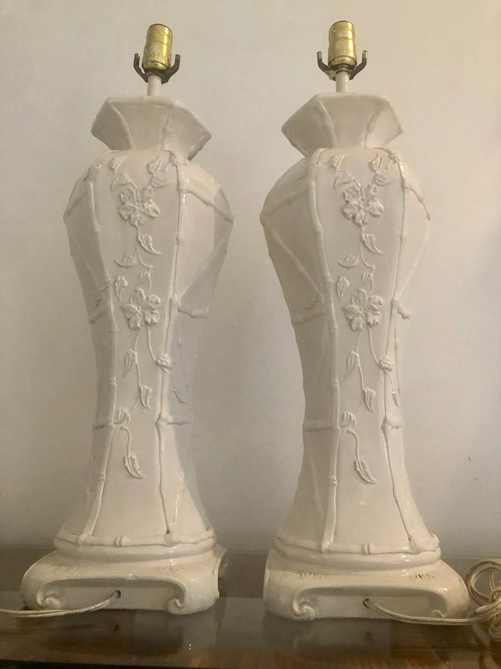 Pair of Chinoiserie Glazed Porcelain Lamps With Faux Bamboo and Floral Relief Accents - 9