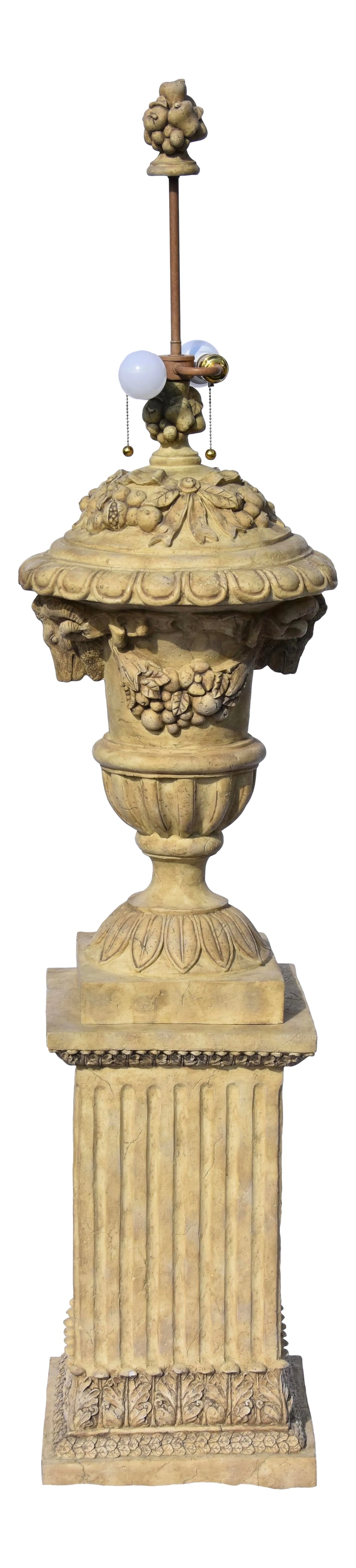 French Regency Showpiece Tall Faux Stone Urn on Pedestal Lamp: Look and Feels Real... Heavy Large Scaled Floor Lamp made of Composite Faux Stone Decorated with large ram's heads, garlands of fruits and flowers and ribbons Urn on Pedestal Lamp. 82" High. YTLL