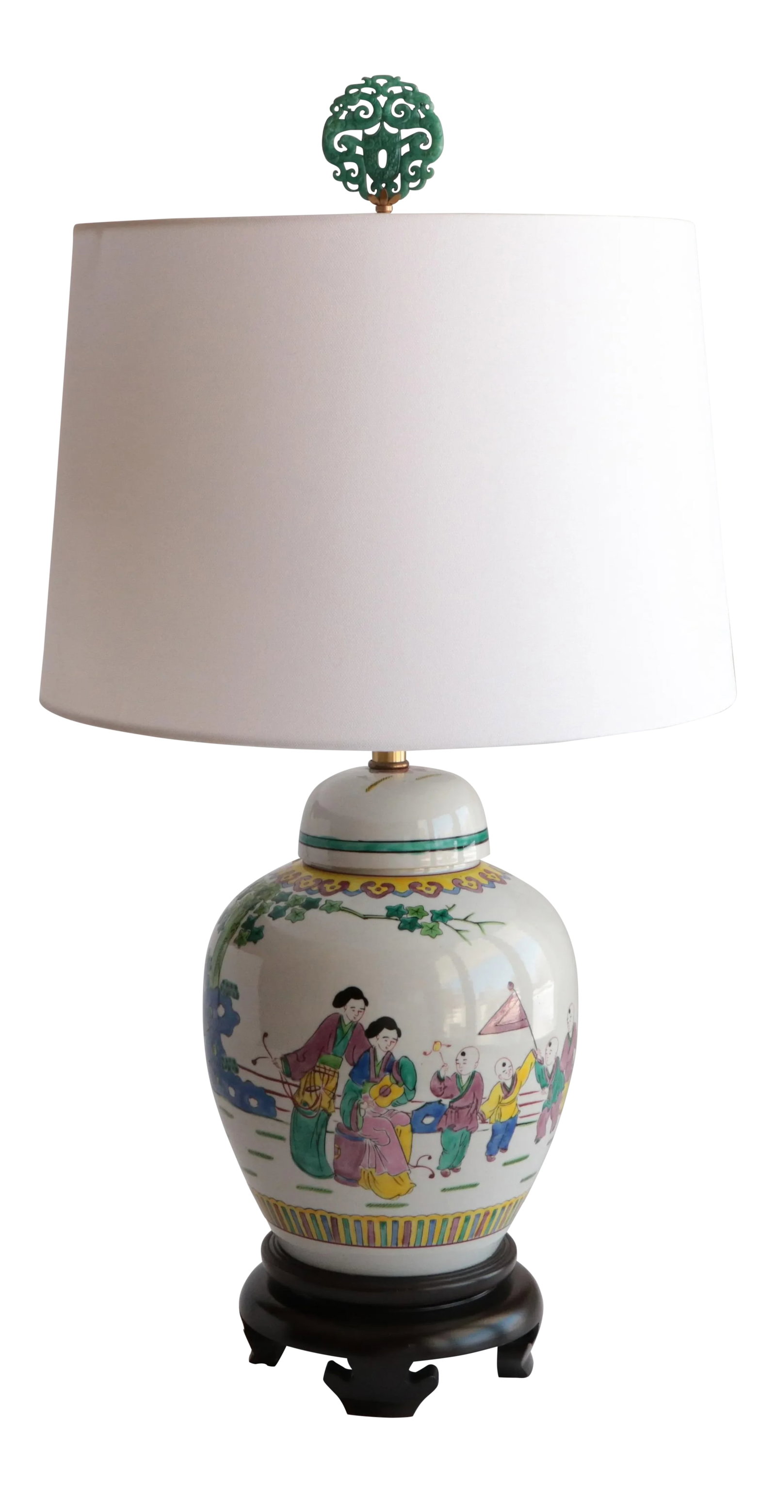 Chinese Republic Period Ginger Jar Table Lamp: Vintage Chinese Republic period porcelain ginger jar mounted as a lamp on a black wooden vase. Pull-chain sockets each accommodate a standard-base bulb up to 60W. Matching carved stone finial and
