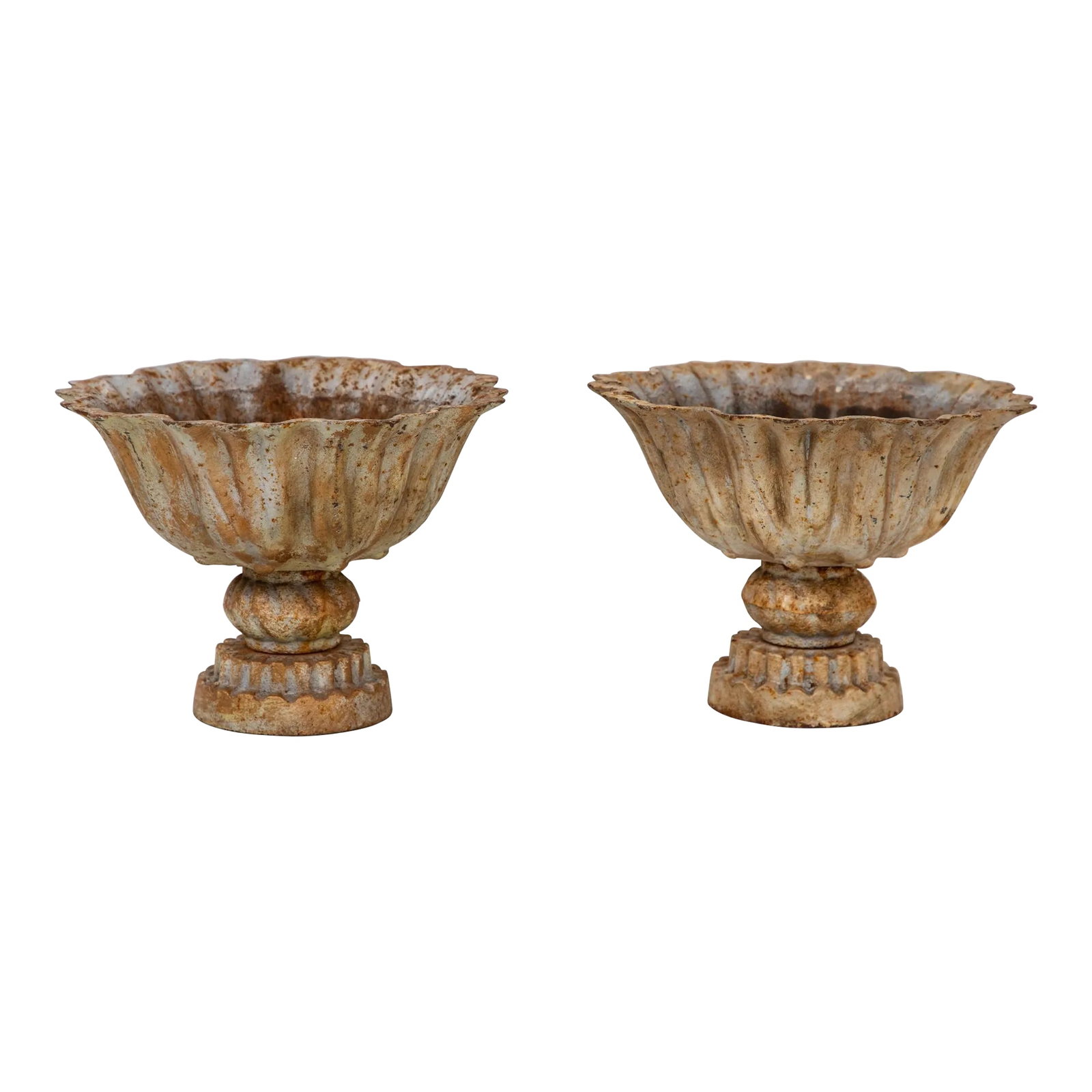 Pair of Verdigris Painted Iron Tazzas or Urns, English Late 20th Century: This captivating pair of late 20th-century iron tazzas exhibits a distinct verdigris patina, imbuing them with an aura of antiquity. Meticulously crafted, their wide, shallow bowls perch atop