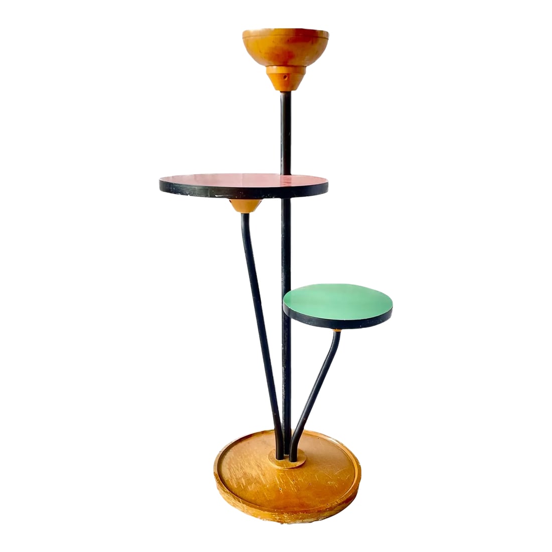 Vintage Mid-Century Modern Plant Stand: Vintage Mid-Century Modern plant with stand wood cup at top. Two round formica plant shelves. Can be used as a side table. No maker's marks. Condition: Alterations: Original Condition Unaltered