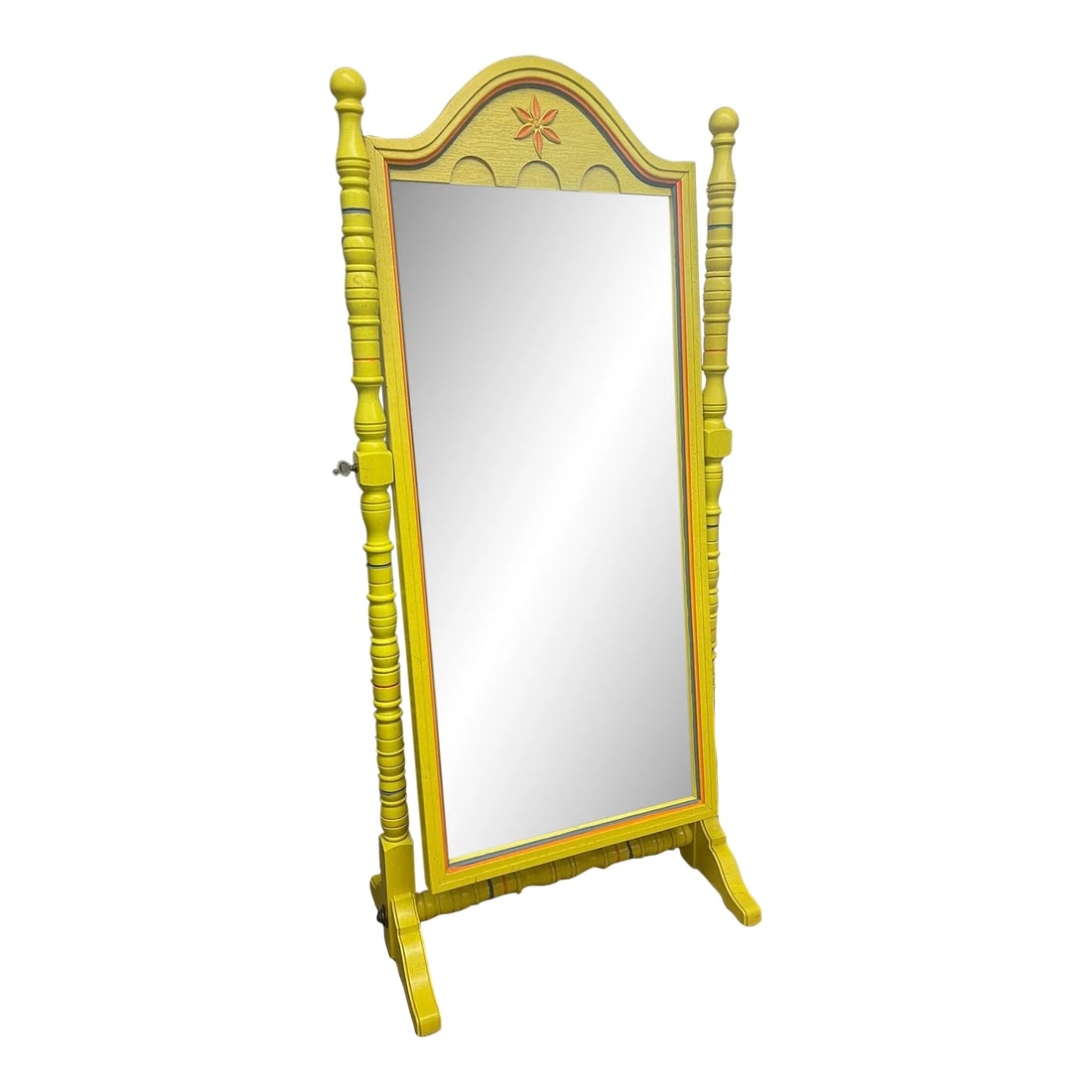 Vintage Retro Style Yellow Floor Mirror Carved Wood: Floral Motif at the Top of the Mirror. Design and Color Choice is of the Era it was Made. Good Condition For the Age. Turned Legs , wood Carved Detailing. Vintage Condition Consistent with Age as Pict