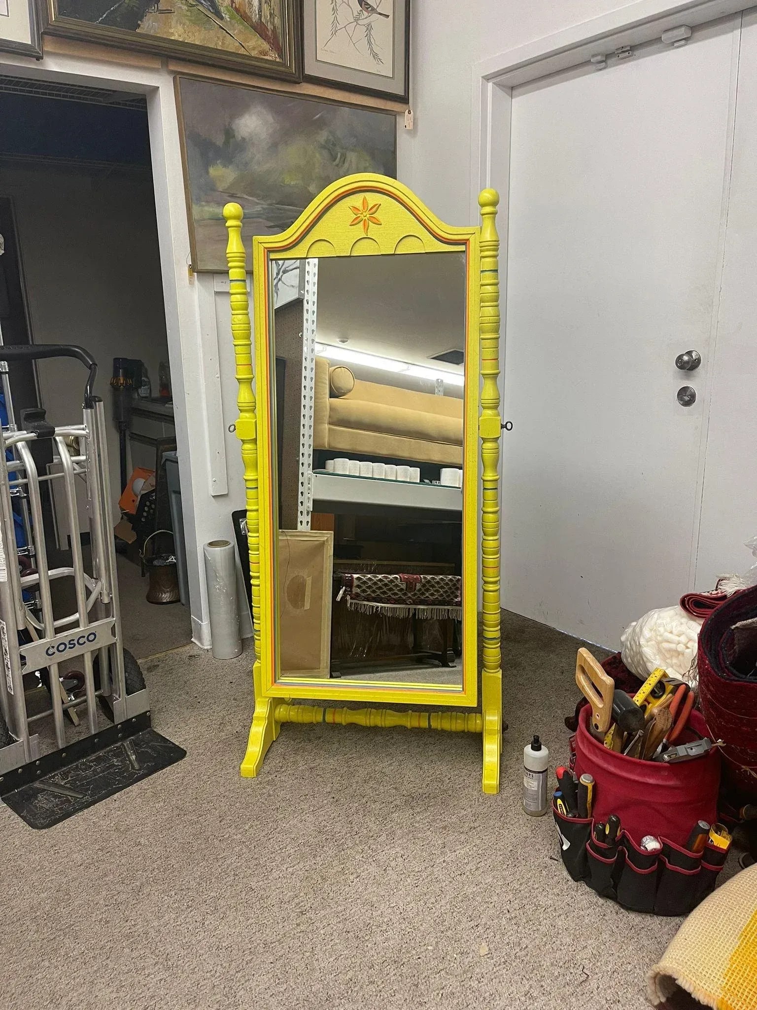 Vintage Retro Style Yellow Floor Mirror Carved Wood - 2