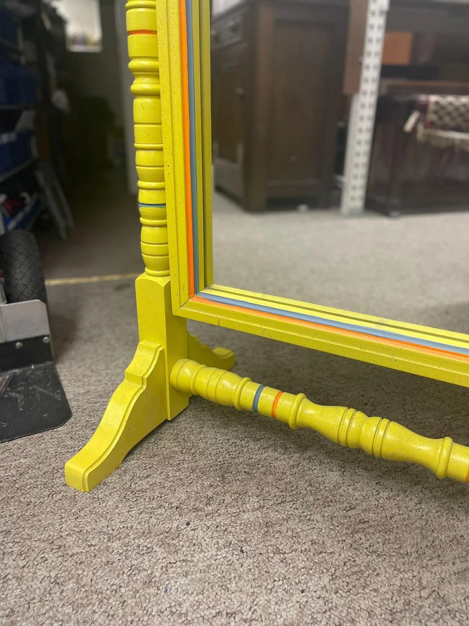 Vintage Retro Style Yellow Floor Mirror Carved Wood - 4