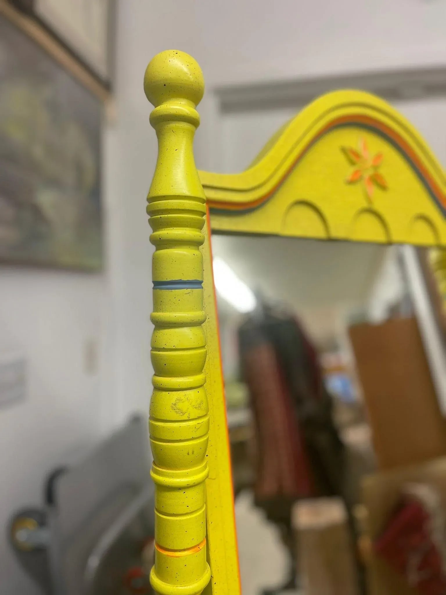 Vintage Retro Style Yellow Floor Mirror Carved Wood - 5