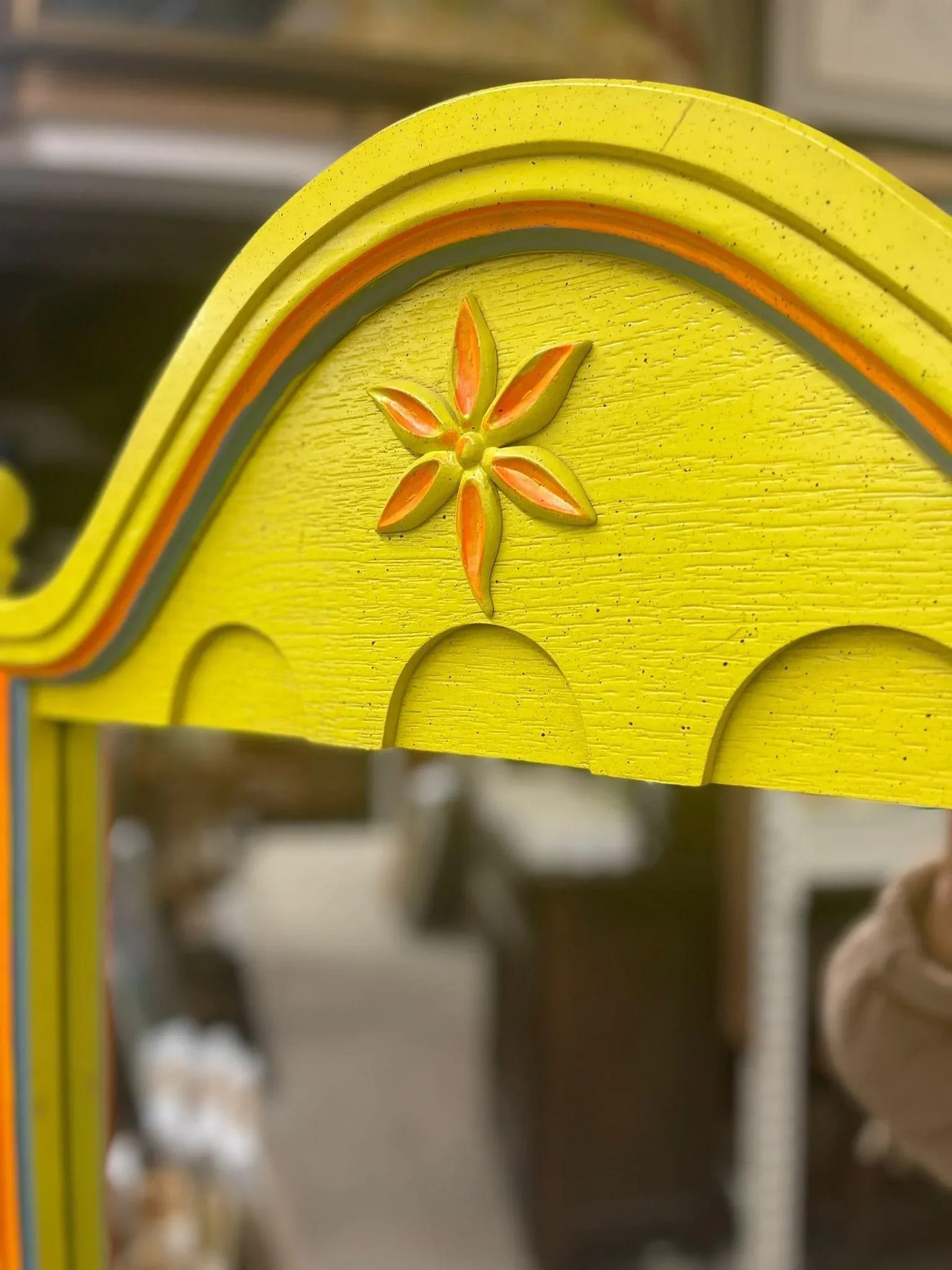 Vintage Retro Style Yellow Floor Mirror Carved Wood - 6