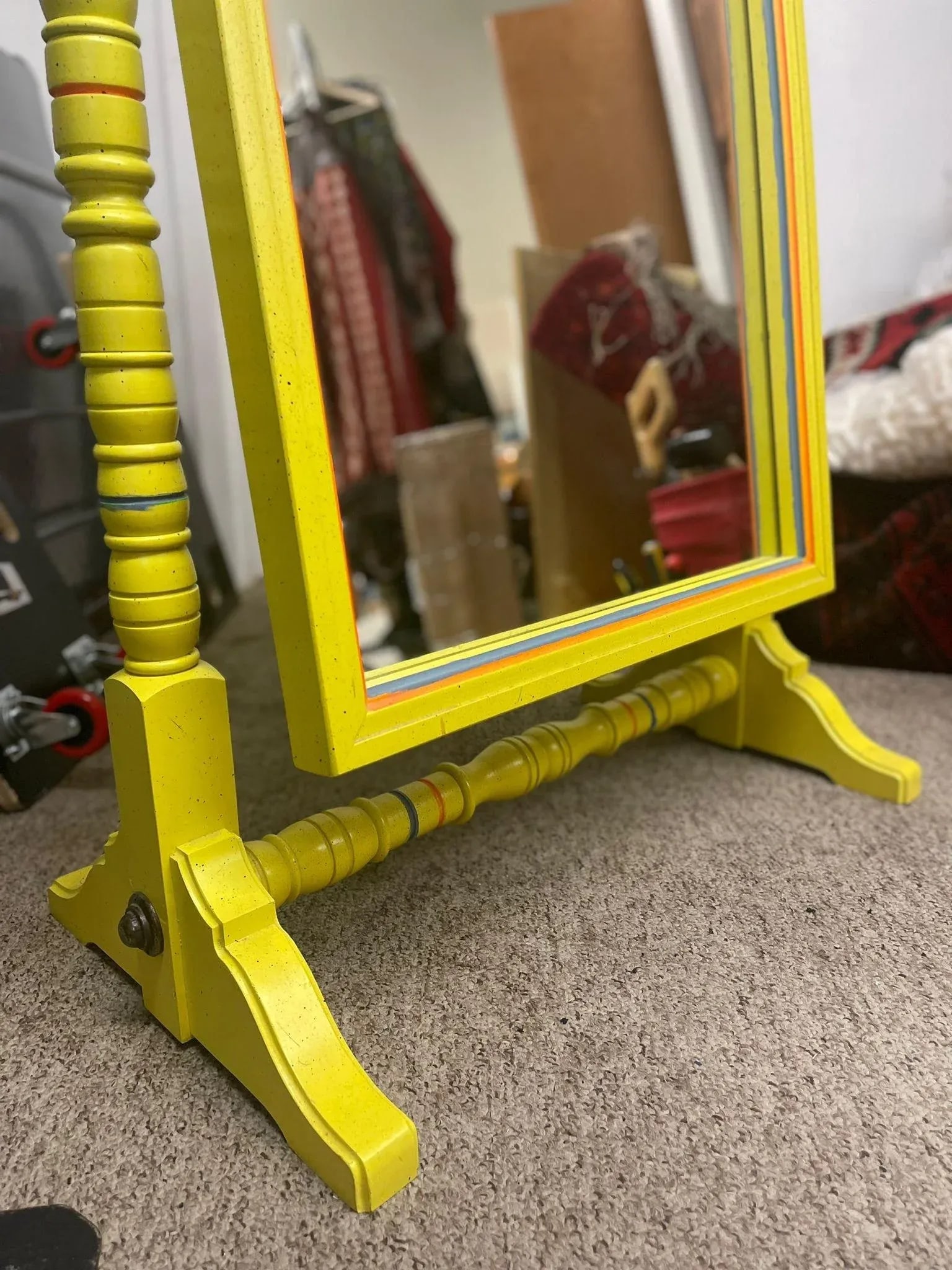 Vintage Retro Style Yellow Floor Mirror Carved Wood - 7