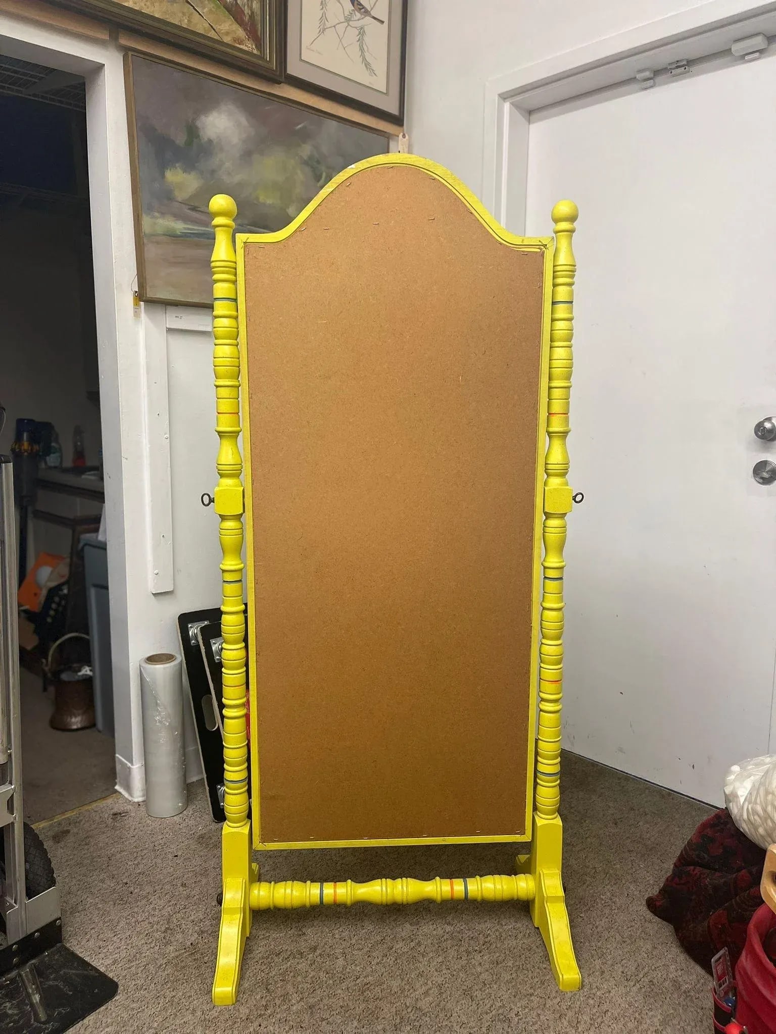 Vintage Retro Style Yellow Floor Mirror Carved Wood - 9
