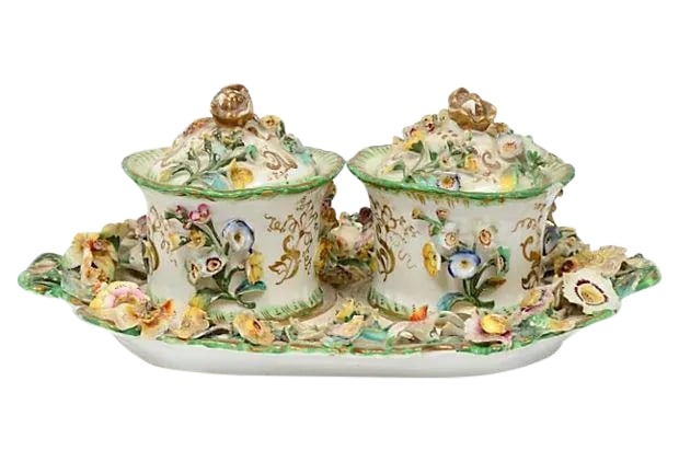 Antique French Porcelain Double Inkwells & Tray - Set of 3 (1 of 7)