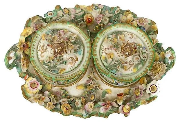 Antique French Porcelain Double Inkwells & Tray - Set of 3 - 2