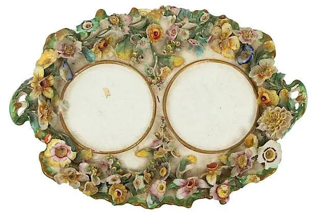 Antique French Porcelain Double Inkwells & Tray - Set of 3 - 4