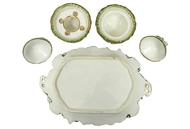 Antique French Porcelain Double Inkwells & Tray - Set of 3 - 5