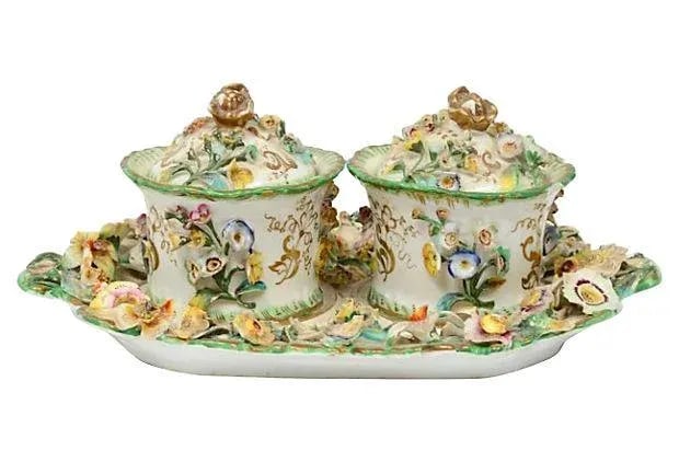 Antique French Porcelain Double Inkwells & Tray - Set of 3 - 7