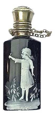 Antique Glass & Silver Perfume Vial: Small antique, French, glass, enamel, and silver, perfume, vial with glass interior stopper and silver cap chain. Sterling silver cap and lid. Glass bottle depicts a carved applied-enamel three-dimens