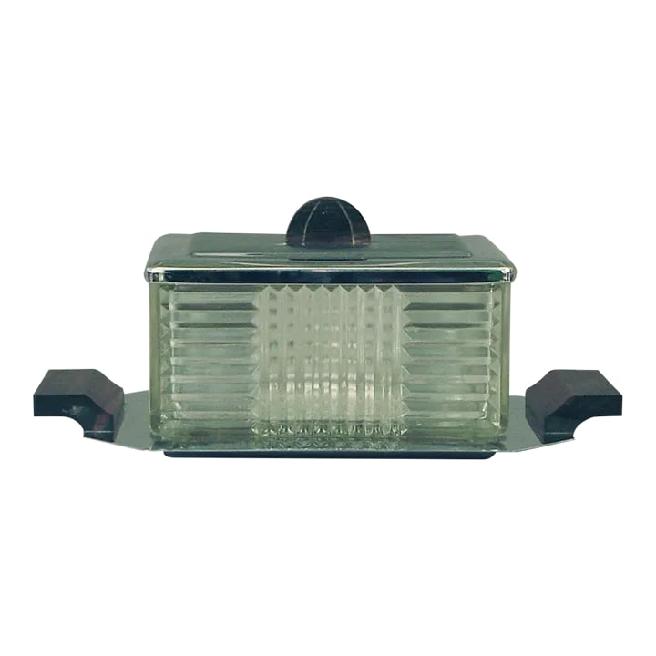 1920s High Style French Art Deco/Moderne Glass Box and Tray: Got geometry?! This downright sculptural French cheese or candy or whatnot box with tray exemplifies the Art Deco attention to geometric forms. Here we see parallel lines, rectangles, squares,