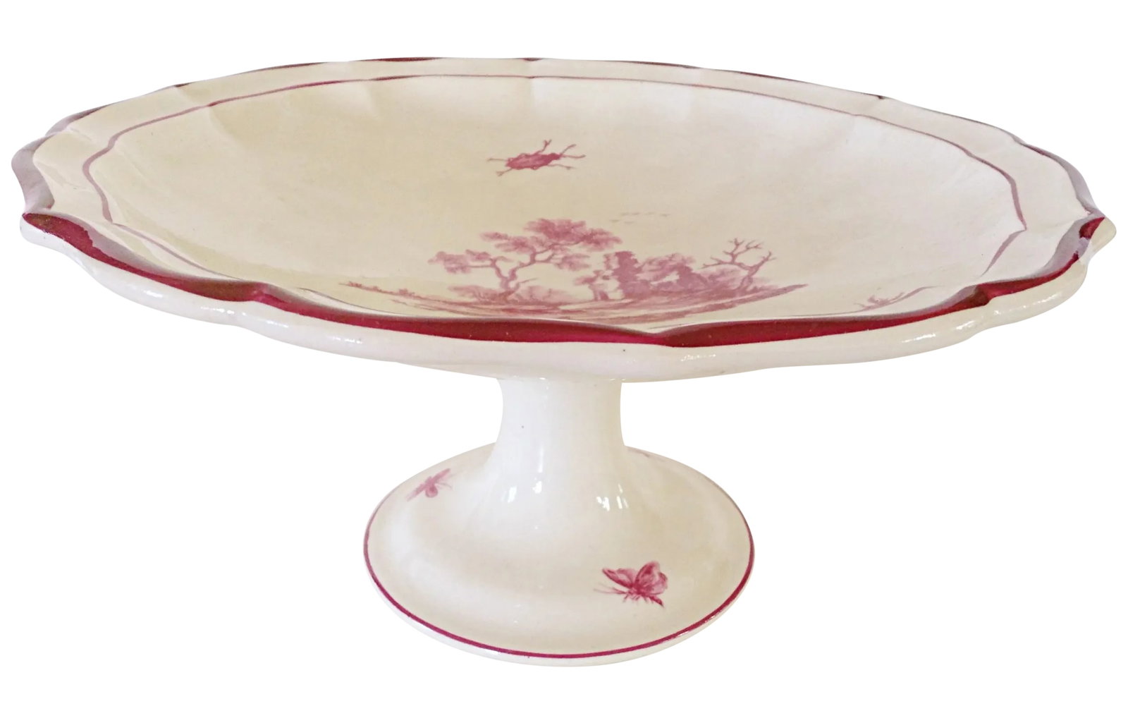Gien French Faience Pedestal Serving Plate - Insect 'Paysages Rose': 19-C. serving pedestal plate made by the Gien factory in France that is decorated in toiles-de-jouy. The plate has a landscape with ruins in the center surrounded by Insects and moths, and a