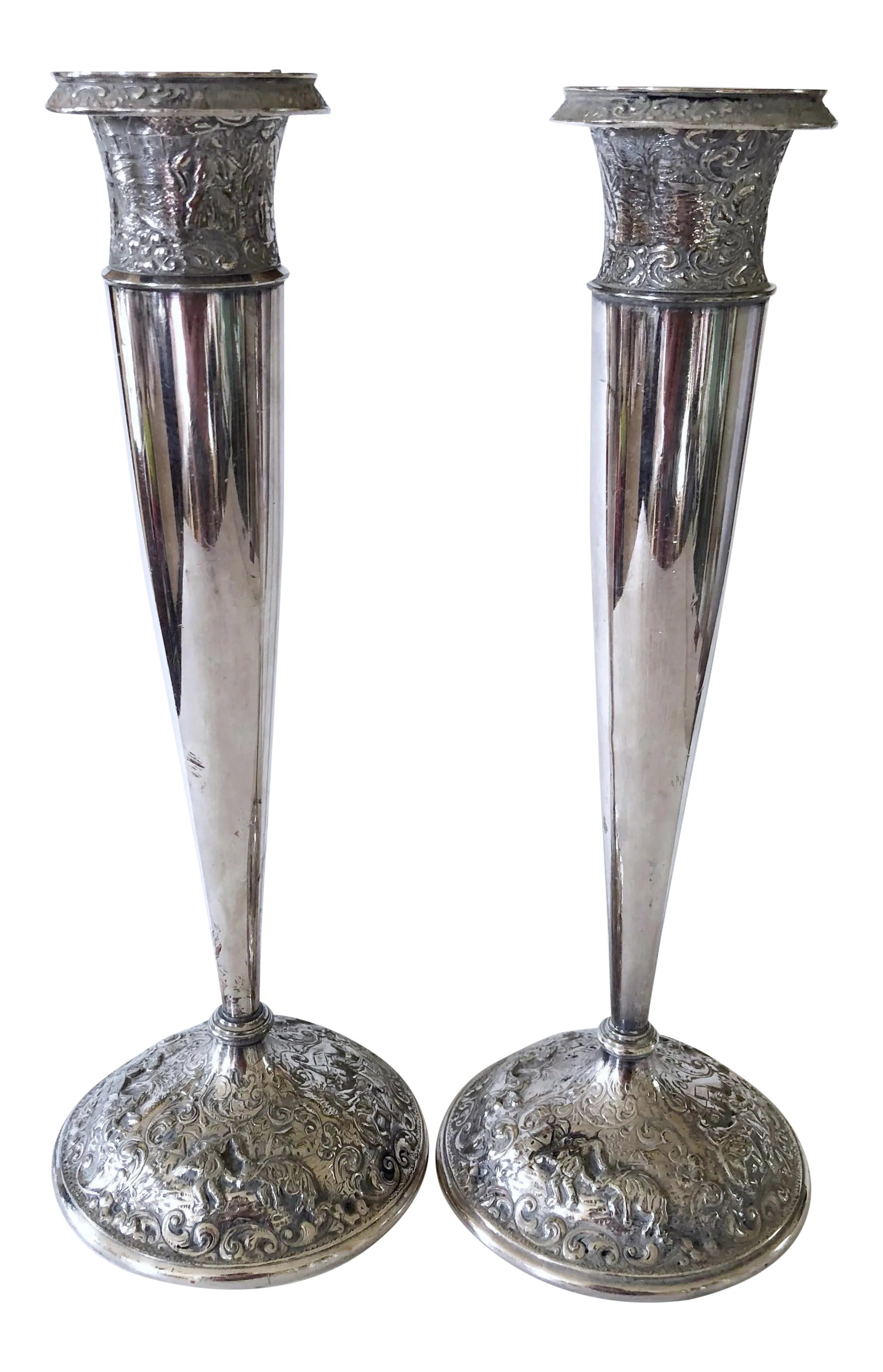 Barbour Silver Candlesticks: Barbour Silver Company is from Hartford Connecticut. This pair of silver plated candlesticks are fashioned with heavily a repousse pattern on the base and around the collars. Each is topped with a