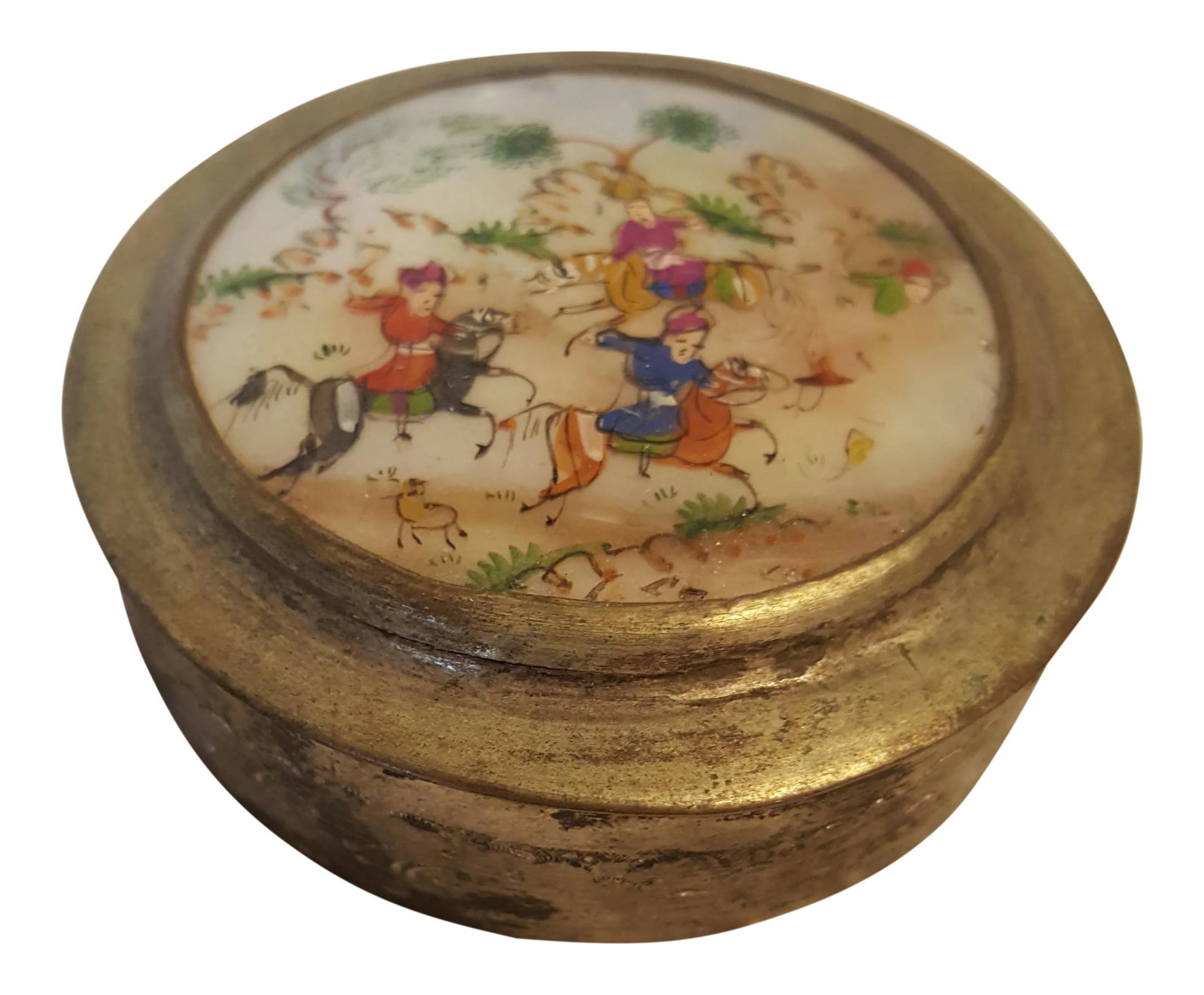 Antique Persian Silver Snuff Box: This is a beautifully crafted antique snuff box made of Persian silver. It has a wonderful hunting scene hand painted on mother of pearl. The interior mirror is in fantastic shape given the age. Condi