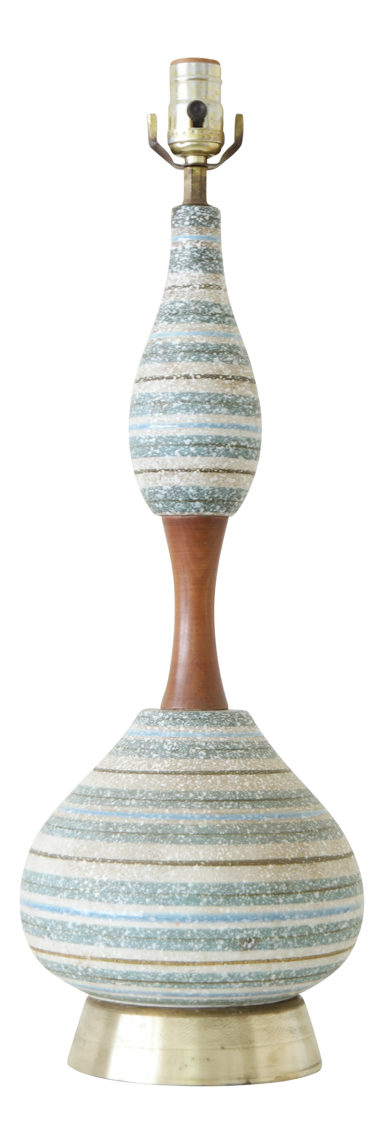 Vintage Mid Century Modern Ceramic Table Lamp: Here's a well aged sculptural table lamp, from the 1950s-1960s. The ceramic and wood is in excellent condition. The brass base shows some tarnish/patina (see photos). Lamp has been tested with a