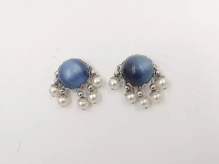 Vintage 1950s Signed Napier Blue Moonglow Faux-Pearl Clip Earrings - 2 Pieces - 2