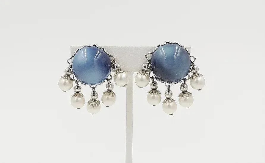 Vintage 1950s Signed Napier Blue Moonglow Faux-Pearl Clip Earrings - 2 Pieces - 3