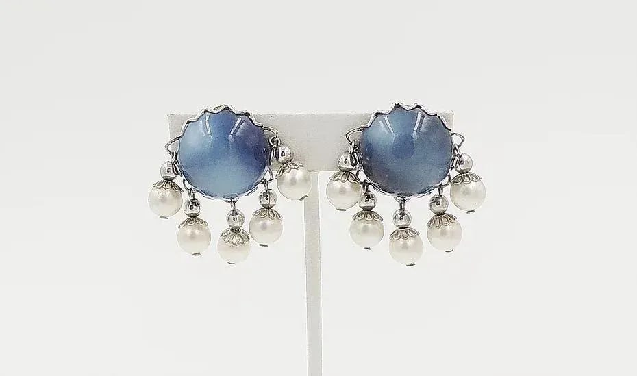 Vintage 1950s Signed Napier Blue Moonglow Faux-Pearl Clip Earrings - 2 Pieces - 4