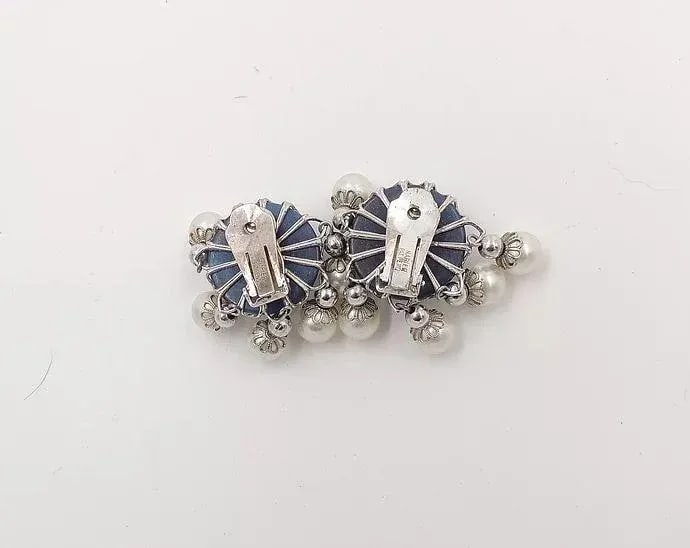 Vintage 1950s Signed Napier Blue Moonglow Faux-Pearl Clip Earrings - 2 Pieces - 5