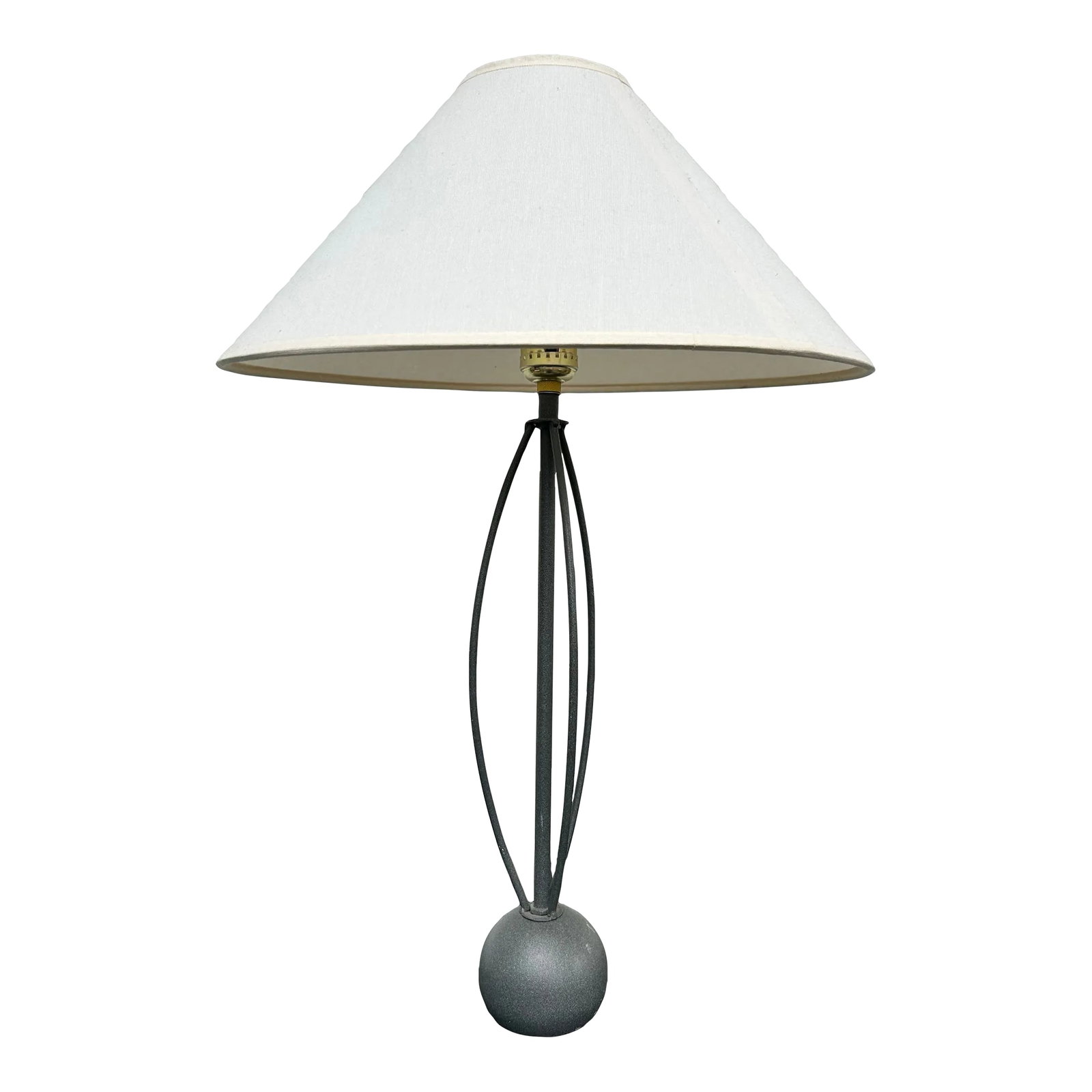 Late 20th Century Postmodern Metal Table Lamp: Great minimalist postmodern table lamp with spherical base. The whole thing is in excellent condition. Comes with shade that clips onto bulb. Condition: Alterations: Original Condition Unaltered
