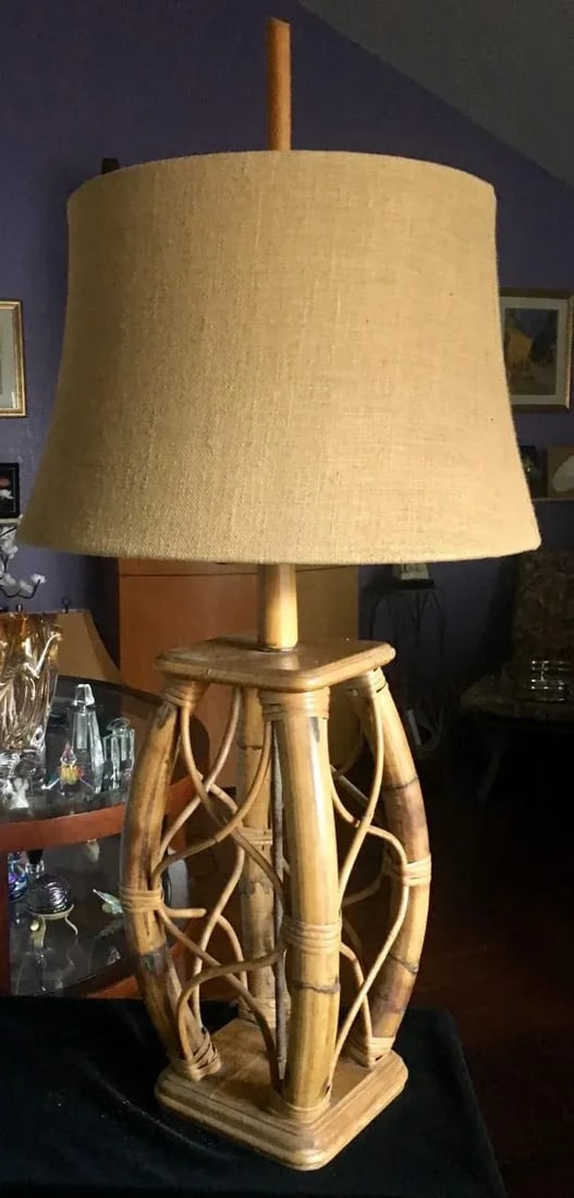 Vintage Mid Century Modern Rattan Bended Wood Table Lamp - 6