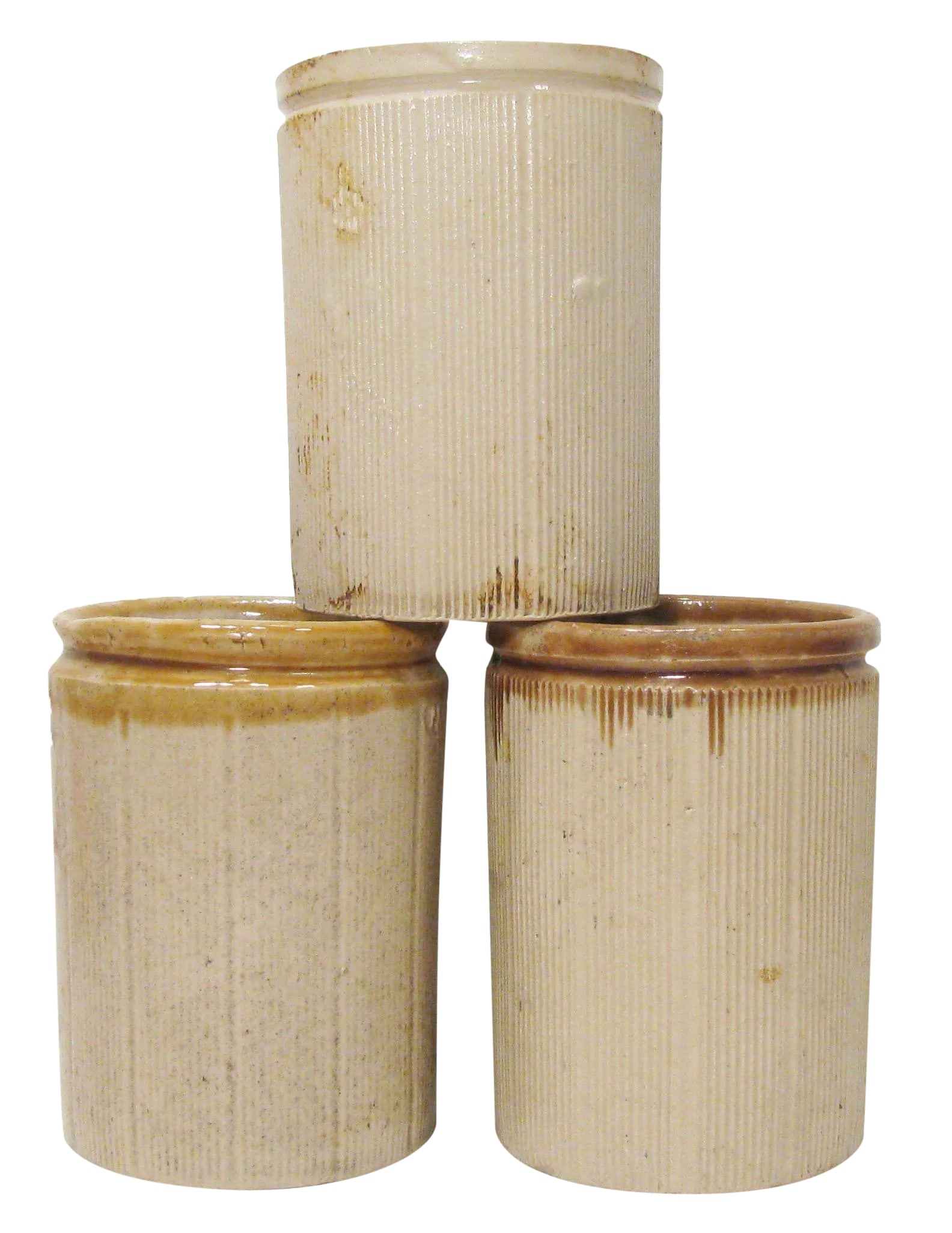 19thC. Antique English Ironstone Pottery, S/3: Trio of circa 1880 ironstone cachepots discovered at London's Bermondsey antique market. 19th C. Victorian era pottery reclaimed from building and excavations sites throughout England and Scotland.