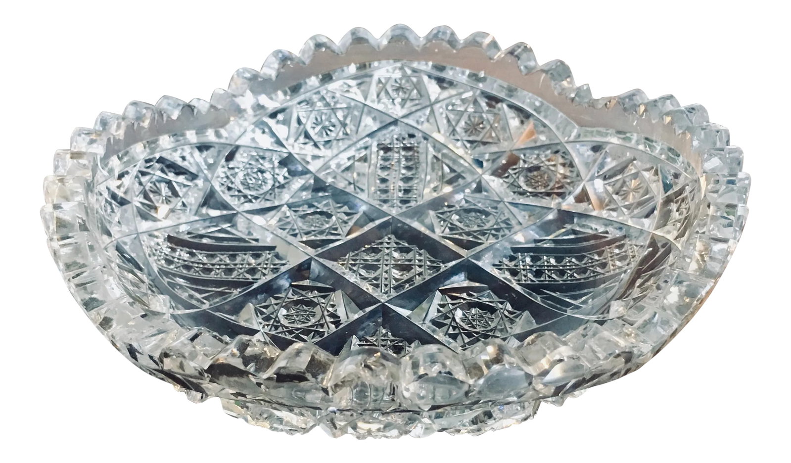 6" American Brilliant Period Cut Glass Low Bowl: The American Brilliant Period from 1876-1917 showcased American as the best crystal cutters in the world. Original works from this period are highly prized by collectors and this piece is an