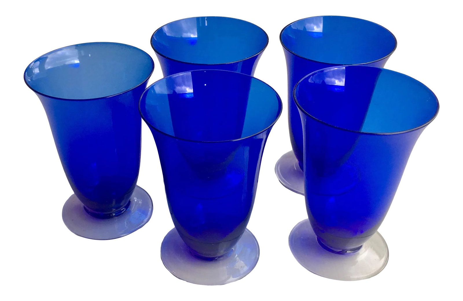 1930s Cobalt Blue Hand Blown Parfait/Water Glasses - Set of 5: These rich cobalt blue hand blown glasses can be used as water glasses or parfaits. The base is transparent. Most likely produced circa 1930, France. Dimensions: 2.625" x 2.625" x 3.825" GrpD 7.3