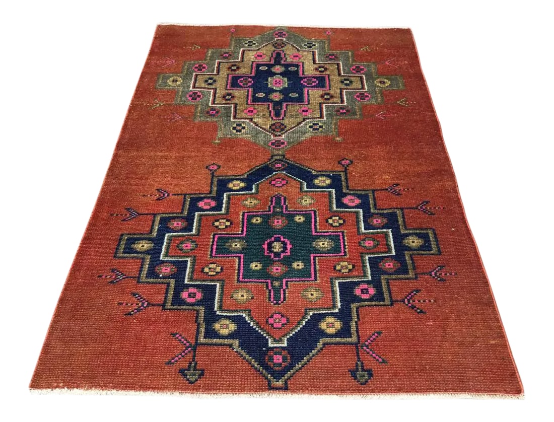 1960s Hand Knotted Red Turkish Area - 46.5" X 69": This gorgeous hand knotted vintage Anatolian area rug is approximately 60 years old in excellent vintage condition. The rug is made with very fine quality hand spun wool. Condition: Alterations: