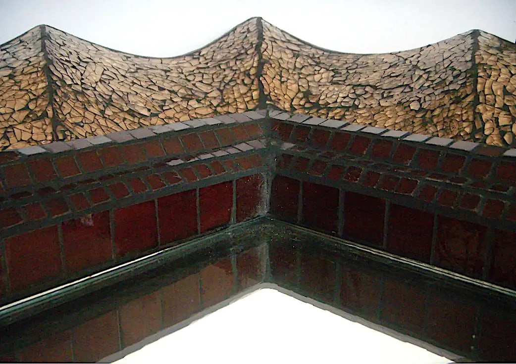 Large John Richard Designer Wall Mirror With Ruby and Golden Bronze Mosaic Glass Surround - 4