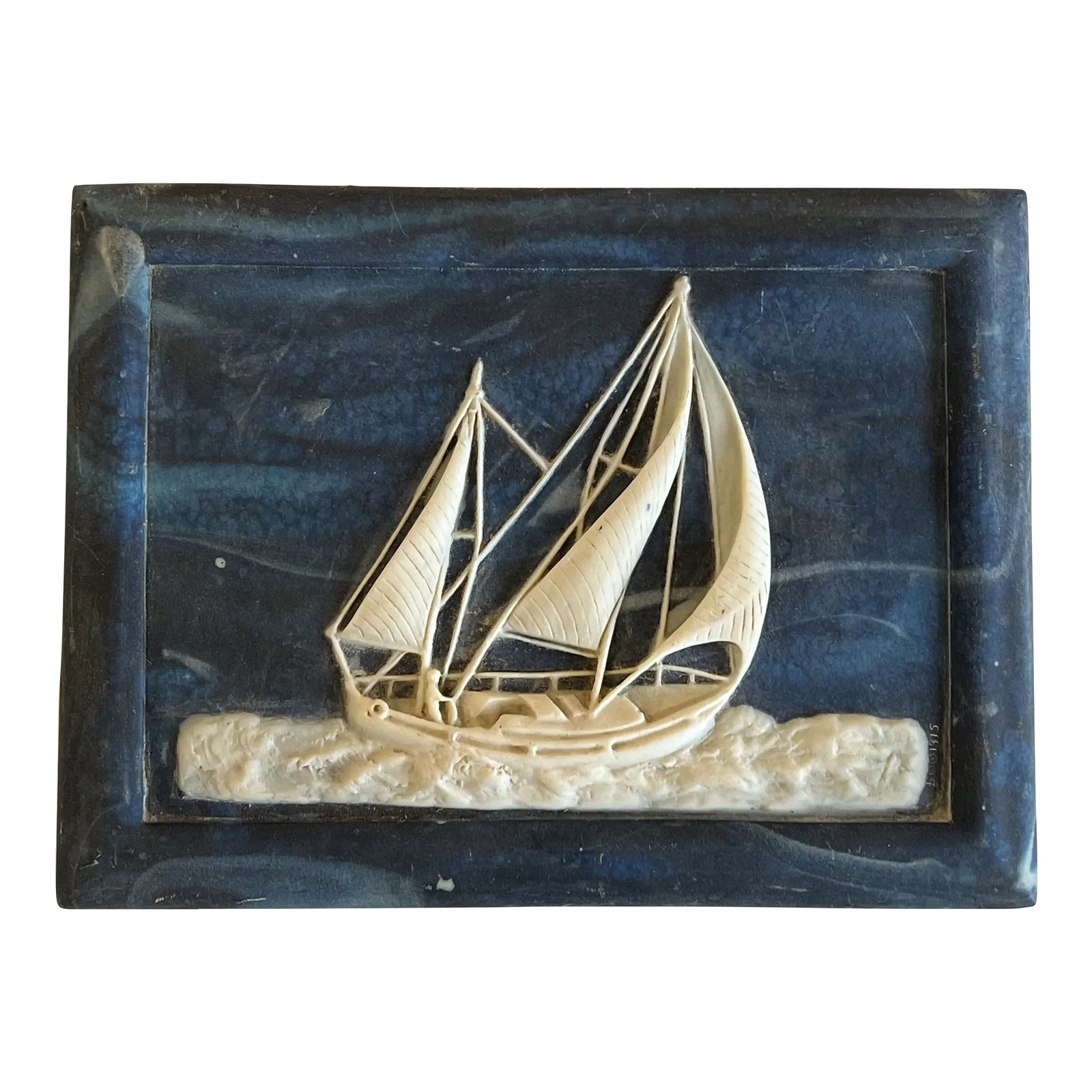 1970s Vintage Hand Carved Navy and Ivory Nautical Ocean Sail Boat, Ship Scene: Catch All, Jewelry Box, Entry Container for Keys.....beautiful blue and ivory box, wood surrounding, with velvet lining, the top is some sort of resin material, hand carved, 3-Dimensional ship and