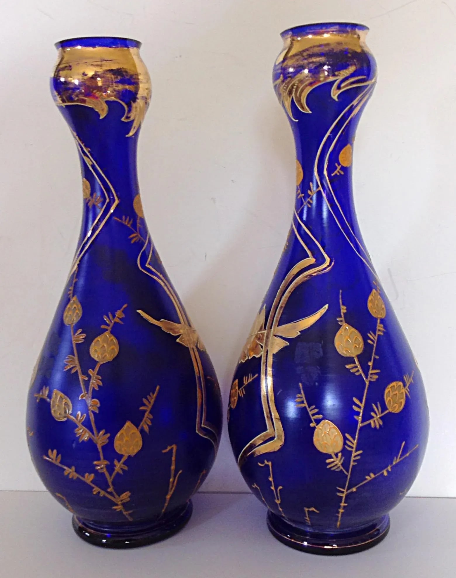 Signed Moser Cobalt Art Nouveau Vases - Pair - 2
