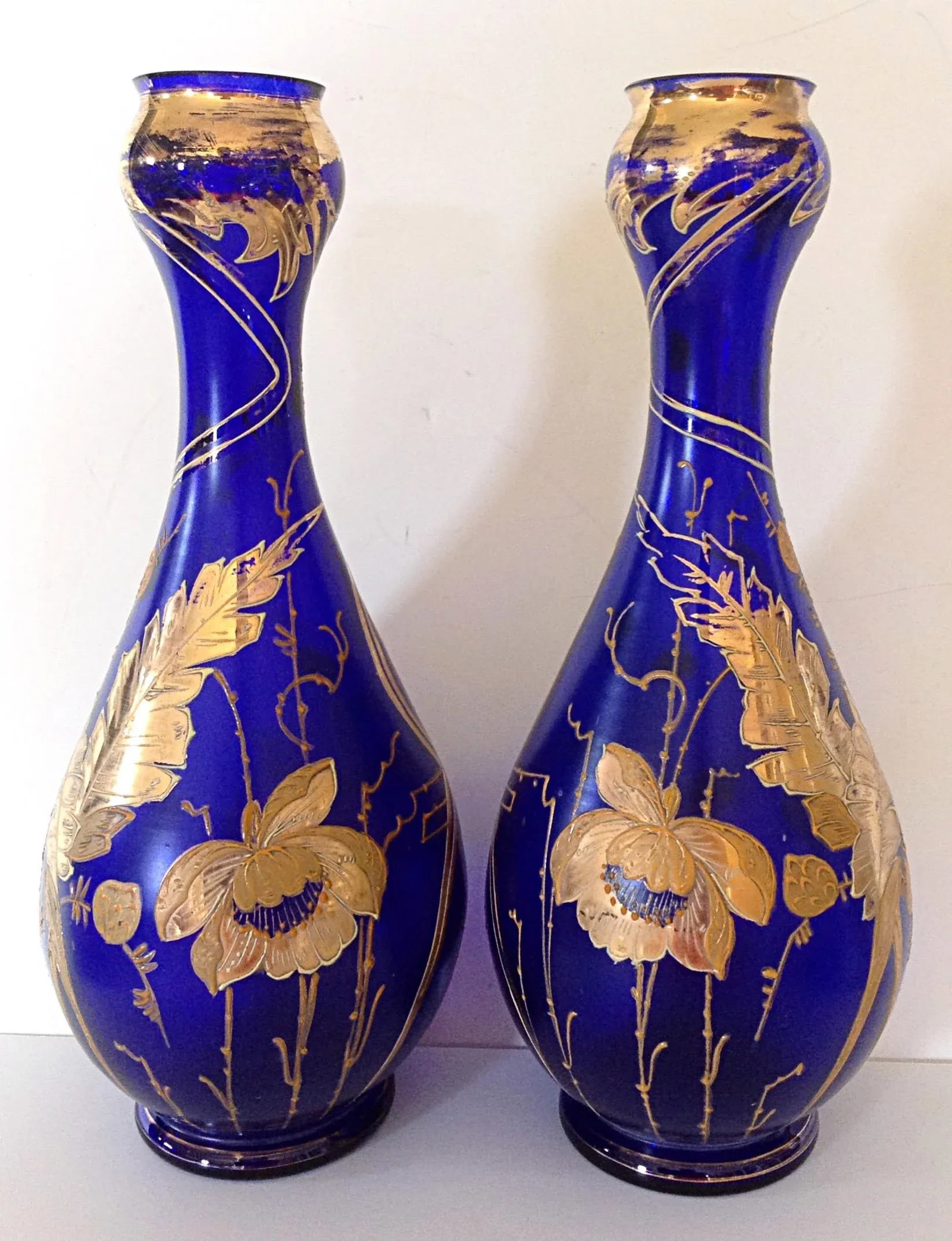Signed Moser Cobalt Art Nouveau Vases - Pair - 4