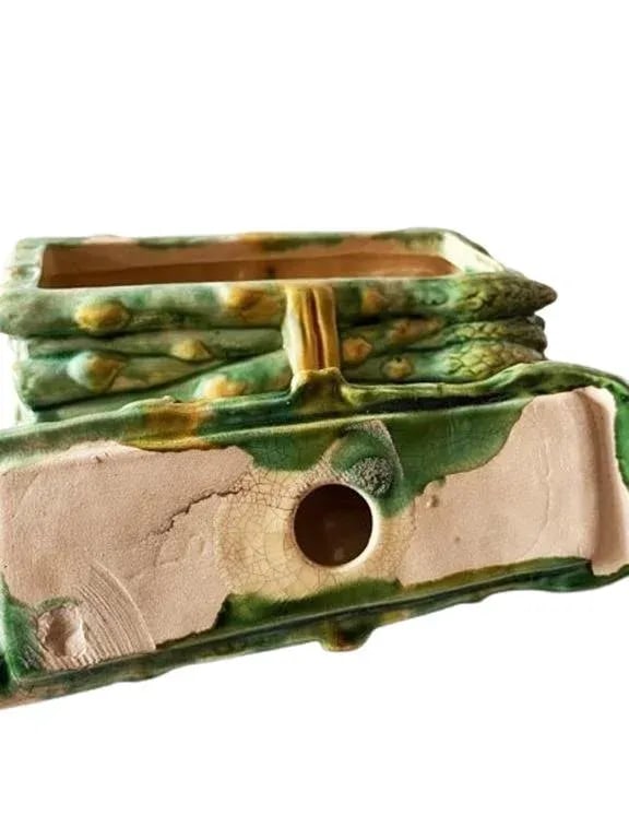 1980s Vintage Italian Ceramic Asparagus Majolica Ceramic Trompe l'Oeil Decorative Box - 5