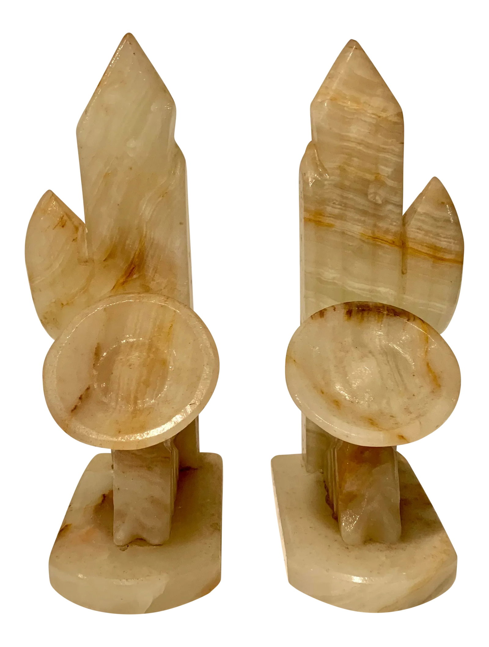 Vintage Marble/Onyx Southwest Bookends - a Pair: Fabulous pair of heavy cactus shaped bookends with man in sombrero resting. Desirable gold, ivory and brown parallel banded onyx and marble stone. Great for use or statement stand alone display.