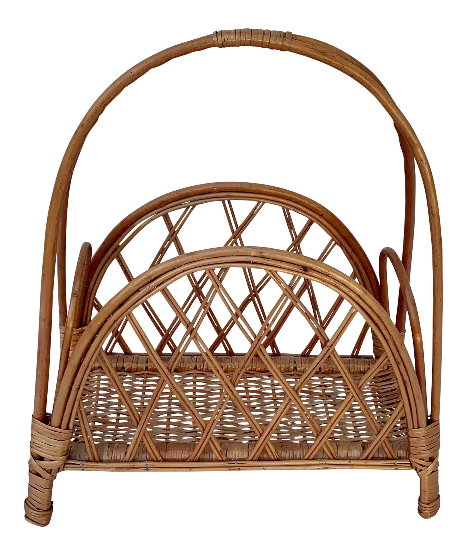 Vintage Wicker Magazine Basket: Add some texture while you display your reading materials with this magazine rack in woven wicker and bent bamboo. Lightweight but solid and sturdy. Condition: Alterations: Original Condition