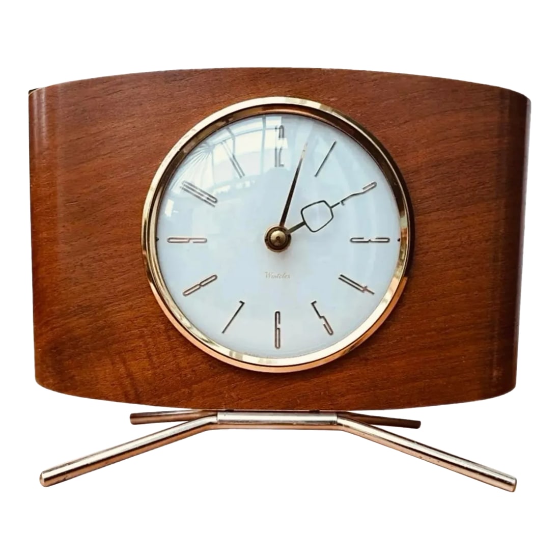 Sale Vintage 1950s Mid Century Teak Danish Modern European Westclox Pedestal Battery Operated Desk M: Stunning, Very Rare, Vintage 50s, Pedestaled, Hand-Moulded bent wood, Teak, Westclox of Scotland, Working Desk or Mantle Clock Sophisticated Mid Century Design. Clean minimalist, white face and