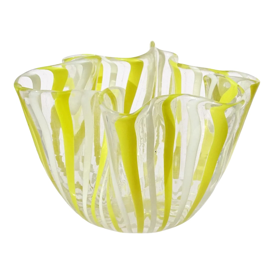 Vintage Murano Venini Bianconi Yellow White Filigrana Ribbons Italian Art Glass Decorative Fazzolett: Beautiful vintage Murano hand blown Filigrana stripes Italian art glass mini decorative fazzoletto handkerchief vase. Documented to designer Fulvio Bianconi, for the Venini Company, circa 1950. The